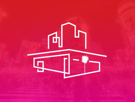 White line-art logo for Living Ltd - Security First 2013, overlaid on a vibrant pink gradient background representing safe and modern housing for women in Tokyo