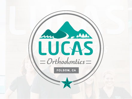Lucas Orthodontics logo featuring a teal mountain range illustration within a circular badge, representing the Folsom, California location.