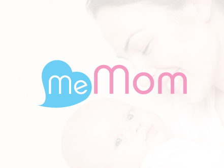 Official logo design for Me Mom Maternity Wear, utilizing a soft blue heart and pink typography to convey gentle care and motherhood.