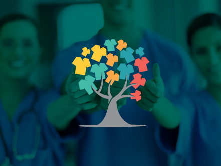 Medical Scrubs logo icon featuring a tree where the leaves are colorful scrub tops, overlaid on a teal background with medical staff silhouettes.