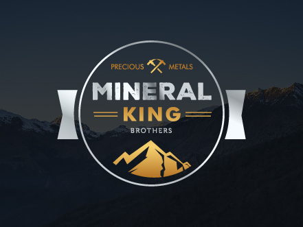 Mineral King Brothers logo featuring crossed pickaxes and a gold mountain icon, overlaid on a dark, rugged mountain landscape representing precious metals mining.