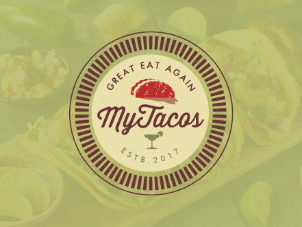 My Tacos - Great Eat Again circular logo featuring a red taco icon, overlaid on a fresh green background with authentic Mexican street food imagery.