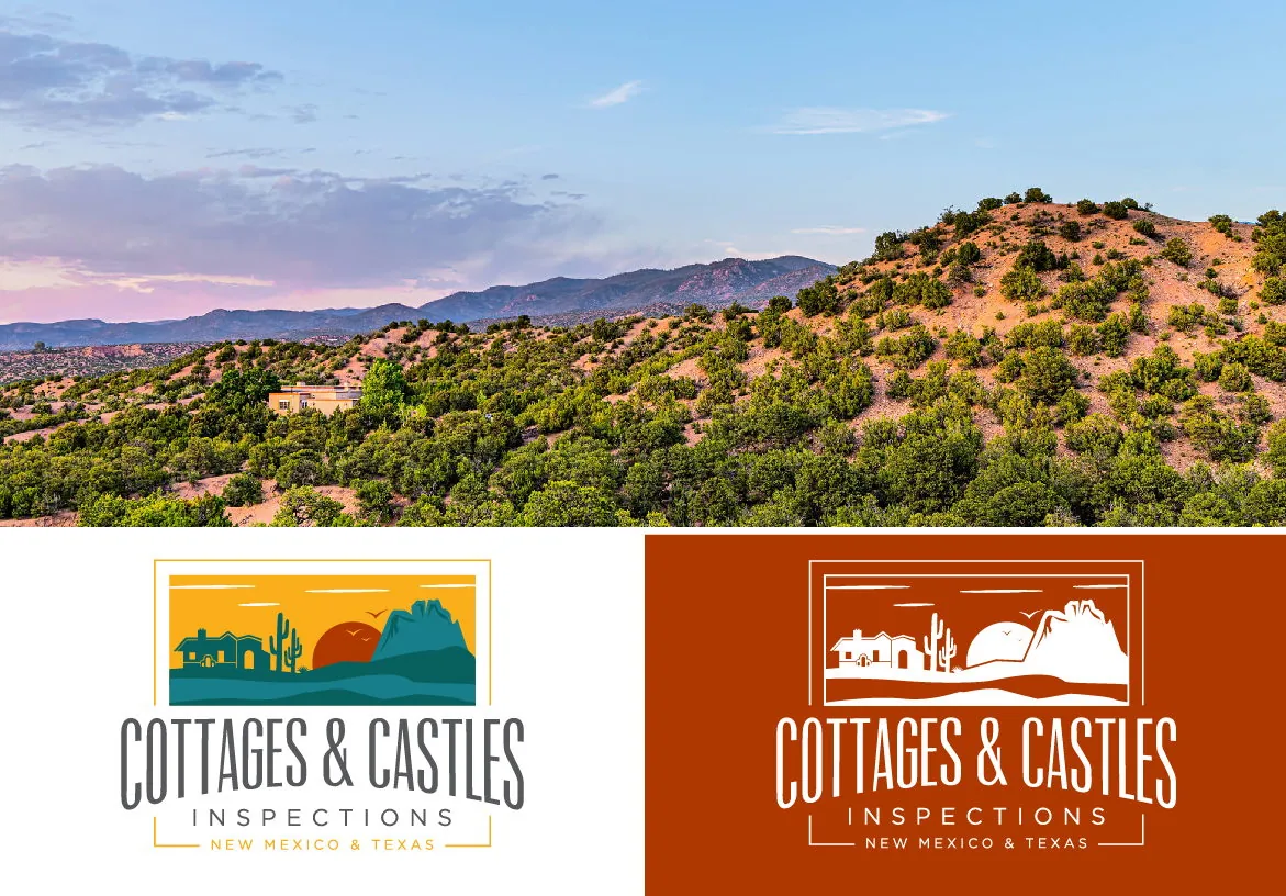 New Mexico high desert view alongside the official terracotta and teal brand colors of Cottages and Castles