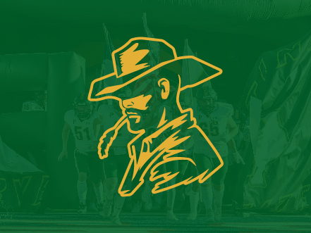 Gold outline of the Pampa Harvesters mascot, a rugged farmer figure, set against a deep green background representing the school district's colors.