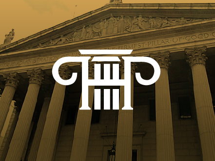 White monogram logo for Pedro Pardal Henriques, where the letters P and H form a classical law column, overlaid on a sepia-toned courthouse building in Porto.