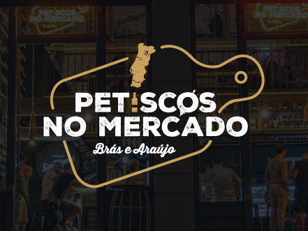 Logo for Petiscos no Mercado featuring a cutting board outline and Portugal map icon, representing traditional food by Brás e Araújo in Porto's Bolhão Market.