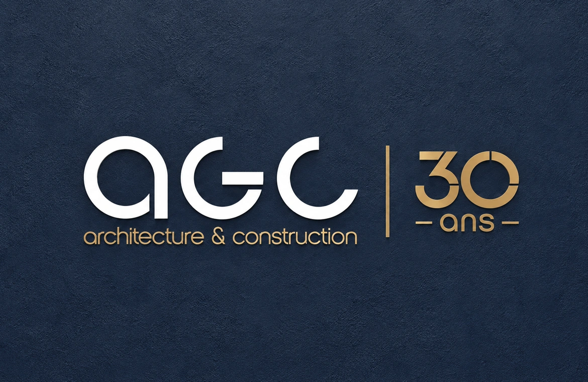 AGC Concept white and gold 30 years anniversary wall logo on textured navy