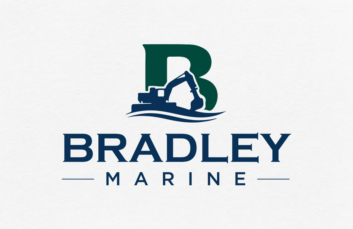 Bradley Marine green B, navy excavator and wave logo centred on white textured paper