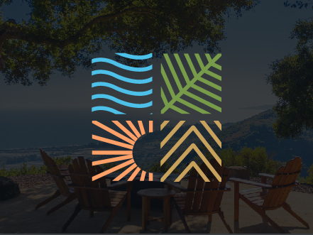 Rancho Monte Alegre logo featuring elemental symbols for sun, water, and nature, overlaid on a scenic sunset view of a luxury ranch patio overlooking the Santa Barbara coast.