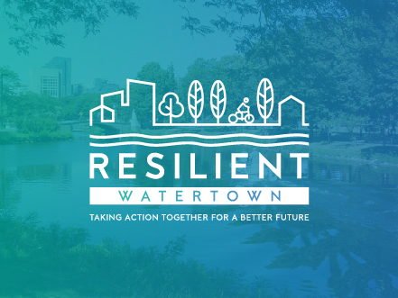 White line-art logo for Resilient Watertown featuring a cityscape, trees, and bicycle, overlaid on a blue-tinted view of the Charles River riverfront.