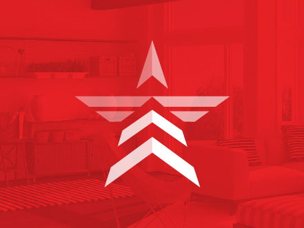 White arrow-star logo icon for Resolute Lending overlaid on a bold red-tinted background of a modern living room, representing strength in the mortgage industry.