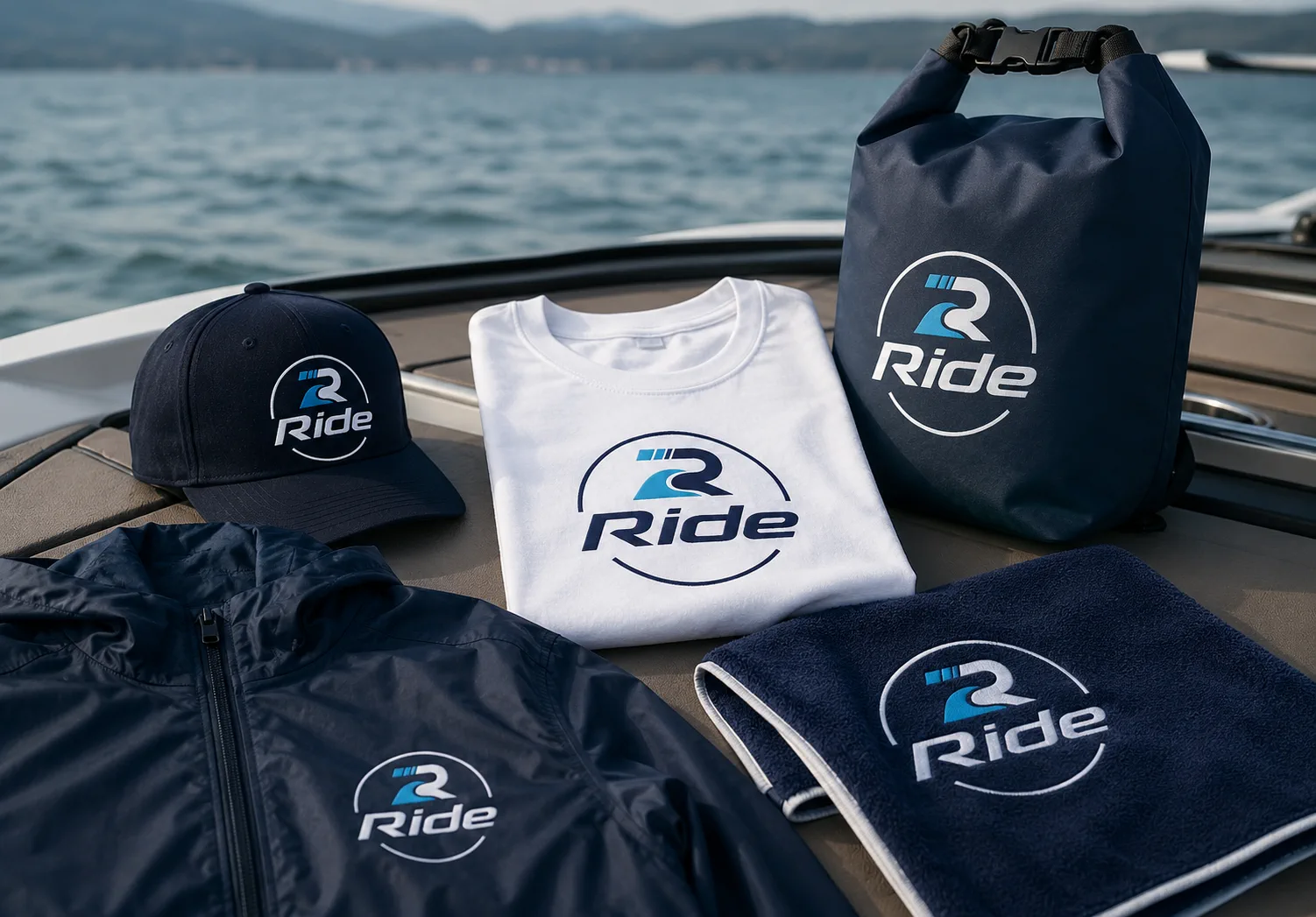 Ride apparel, cap, dry bag, and water sports gear with the blue and navy logo