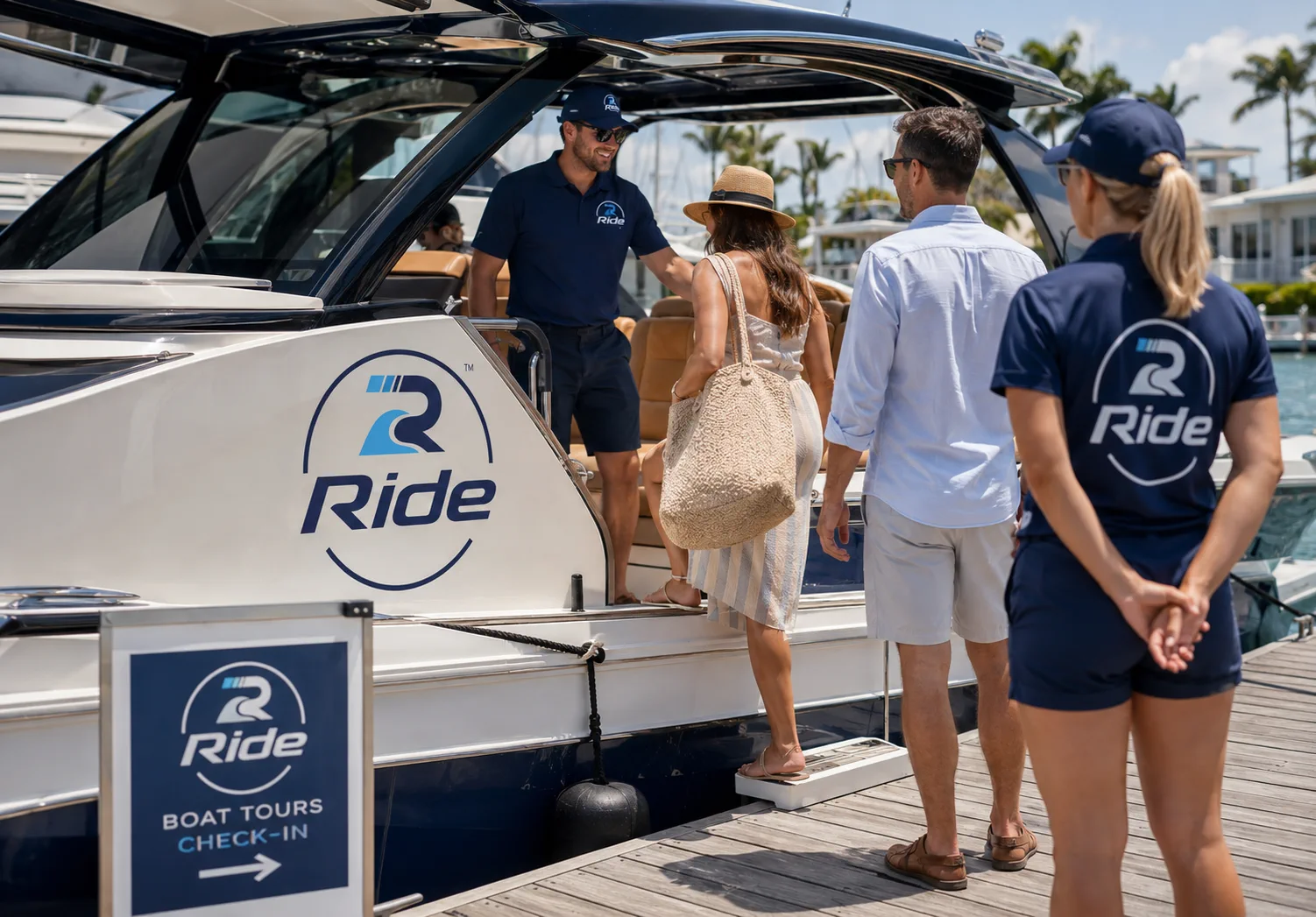 Ride boat tour check-in scene with branded boat, staff shirts, and dock signage