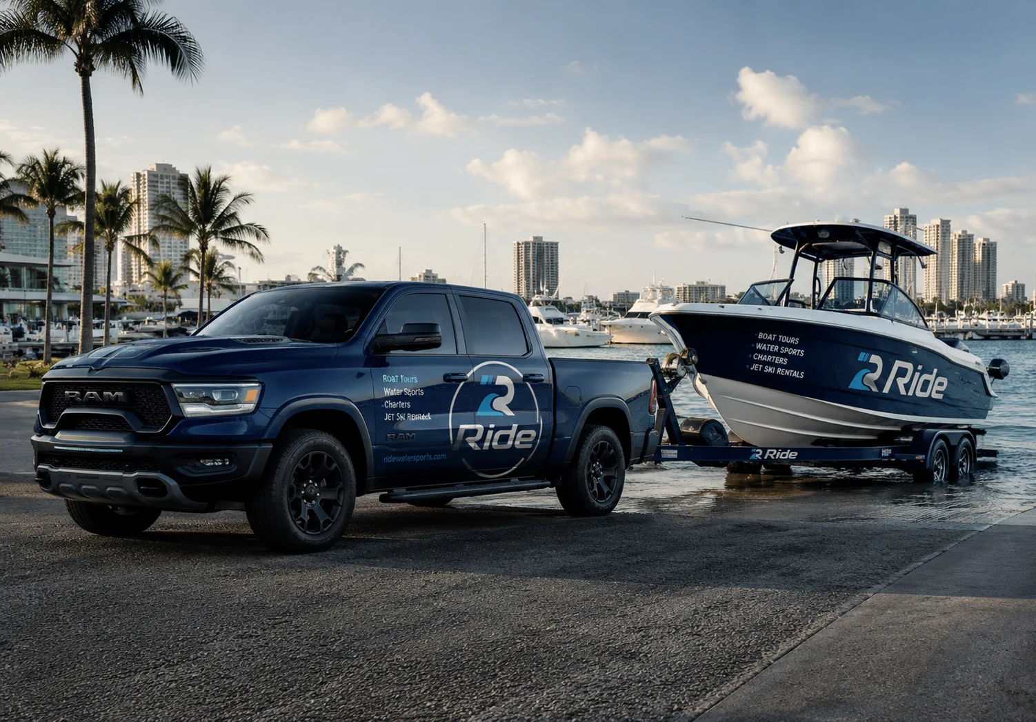 Ride branded truck and boat trailer prepared for a water sports tour launch