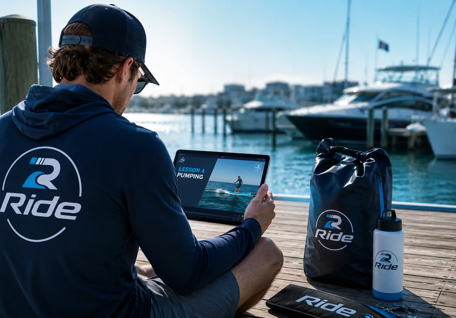 Ride instructor using tablet-based lesson content beside branded water sports gear