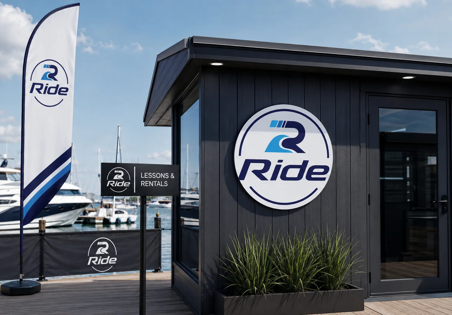 Ride marina outpost with branded building sign and vertical feather flag