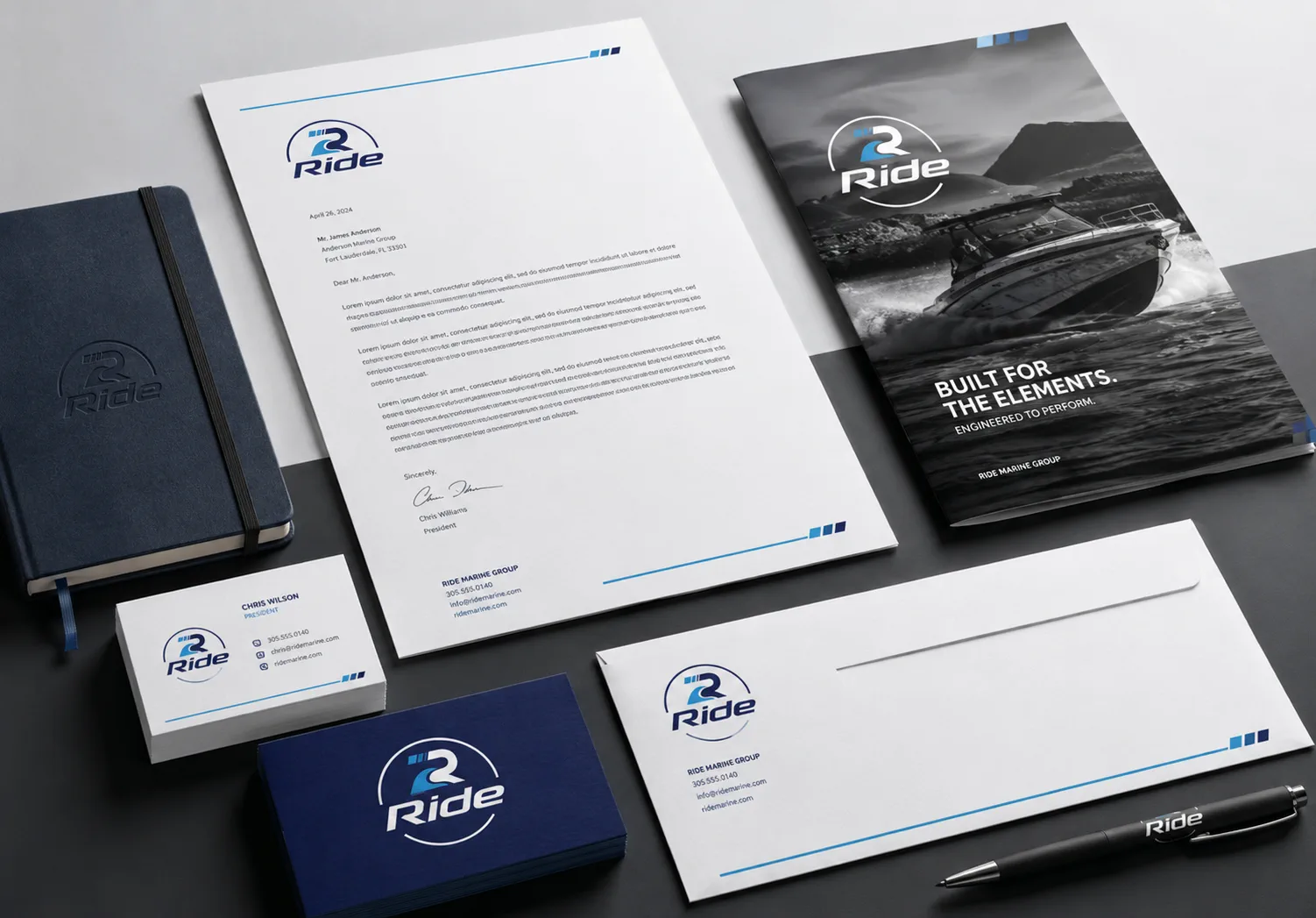 Ride stationery system with business card, envelope, brochure, and branded collateral