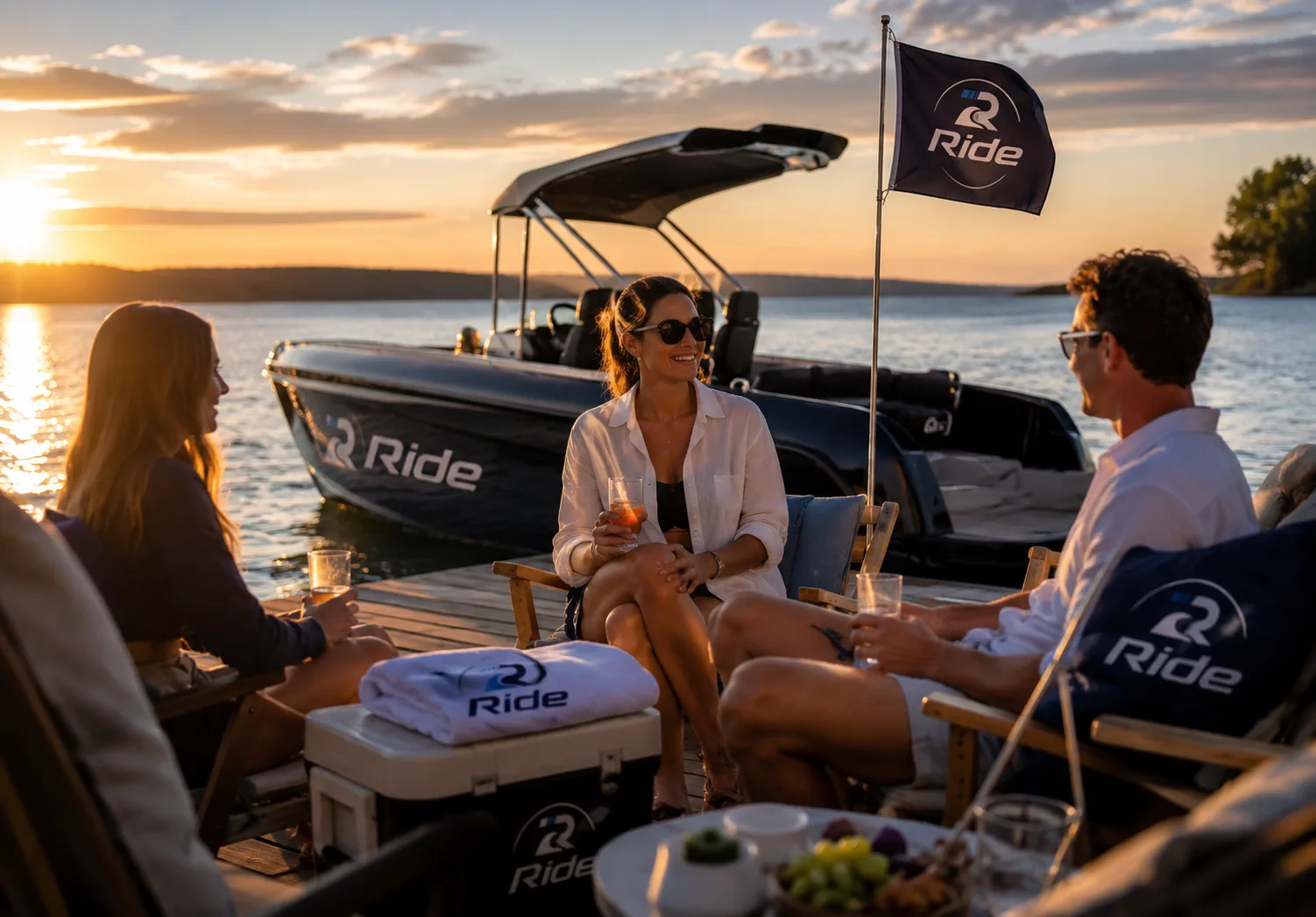 Ride sunset boat experience with branded table, flag, and guests on the water