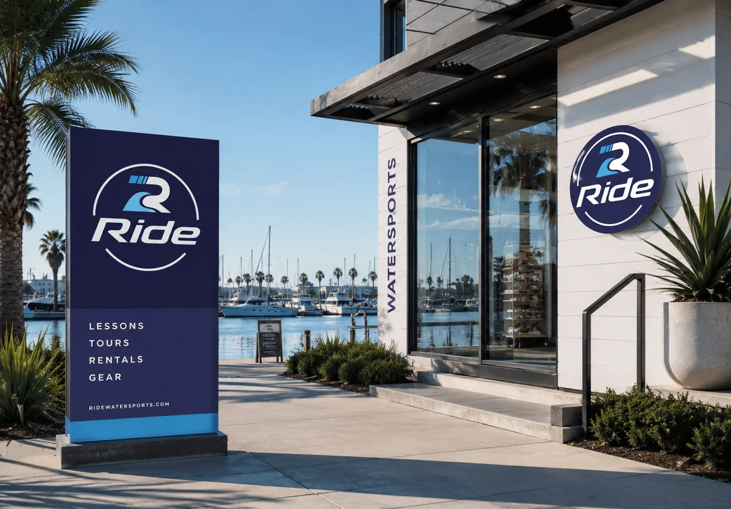 Ride watersports signage outside a waterfront lesson and gear location