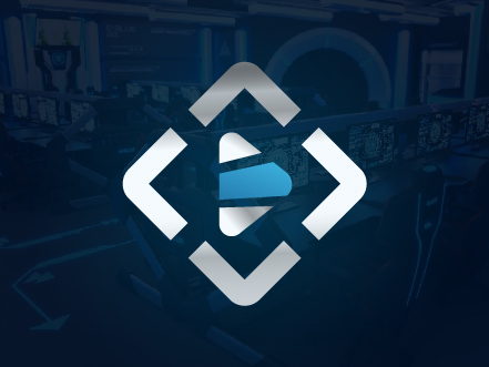 RTZ Esports logo icon featuring a stylized diamond shape formed by brackets and a central play button, set against a dark blue gaming background.
