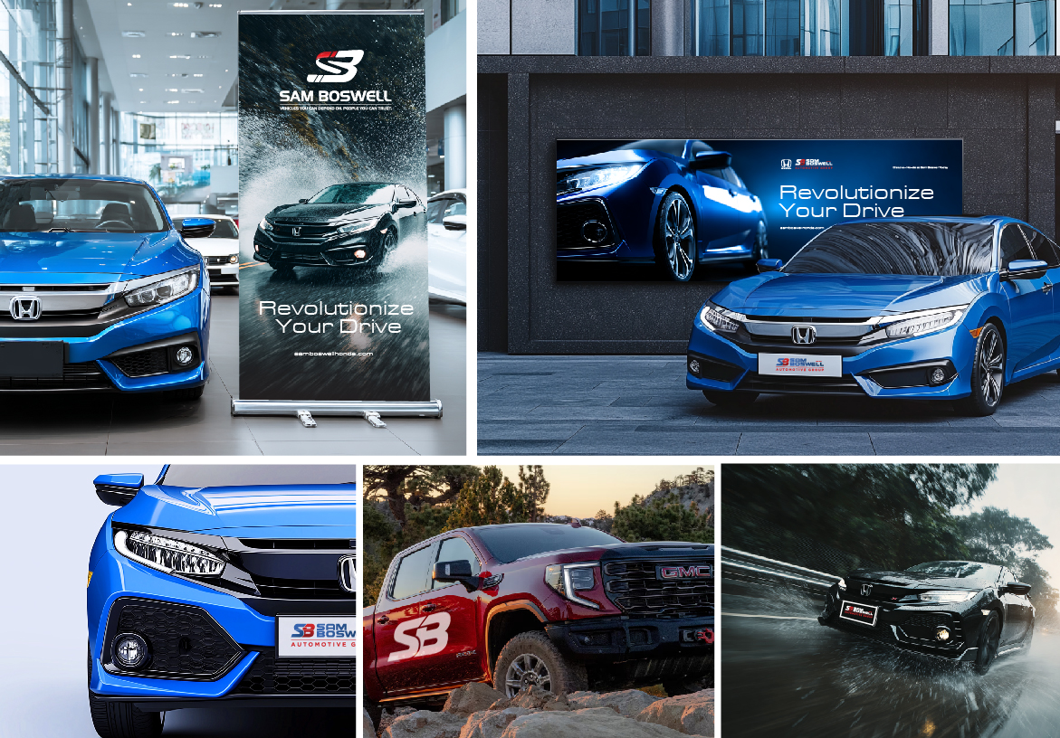 Sam Boswell Automotive Group brand identity applied to dealership showroom signage, digital billboards, and branded vehicle fleet