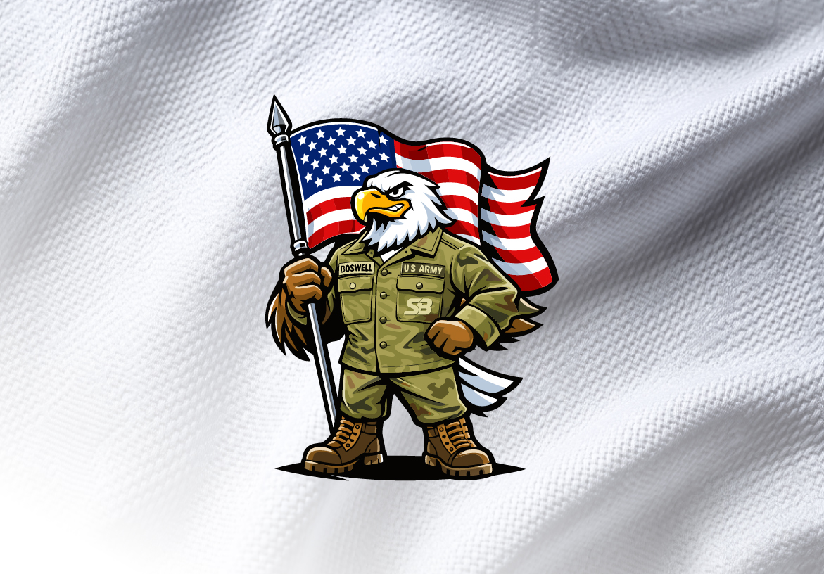 Sam Boswell Automotive Group custom eagle mascot illustration in US Army uniform holding American flag with SB brand patch