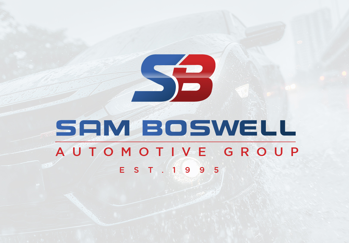 Sam Boswell Automotive Group full logo lockup with SB monogram, company name, and Est. 1995 tagline on a light automotive background