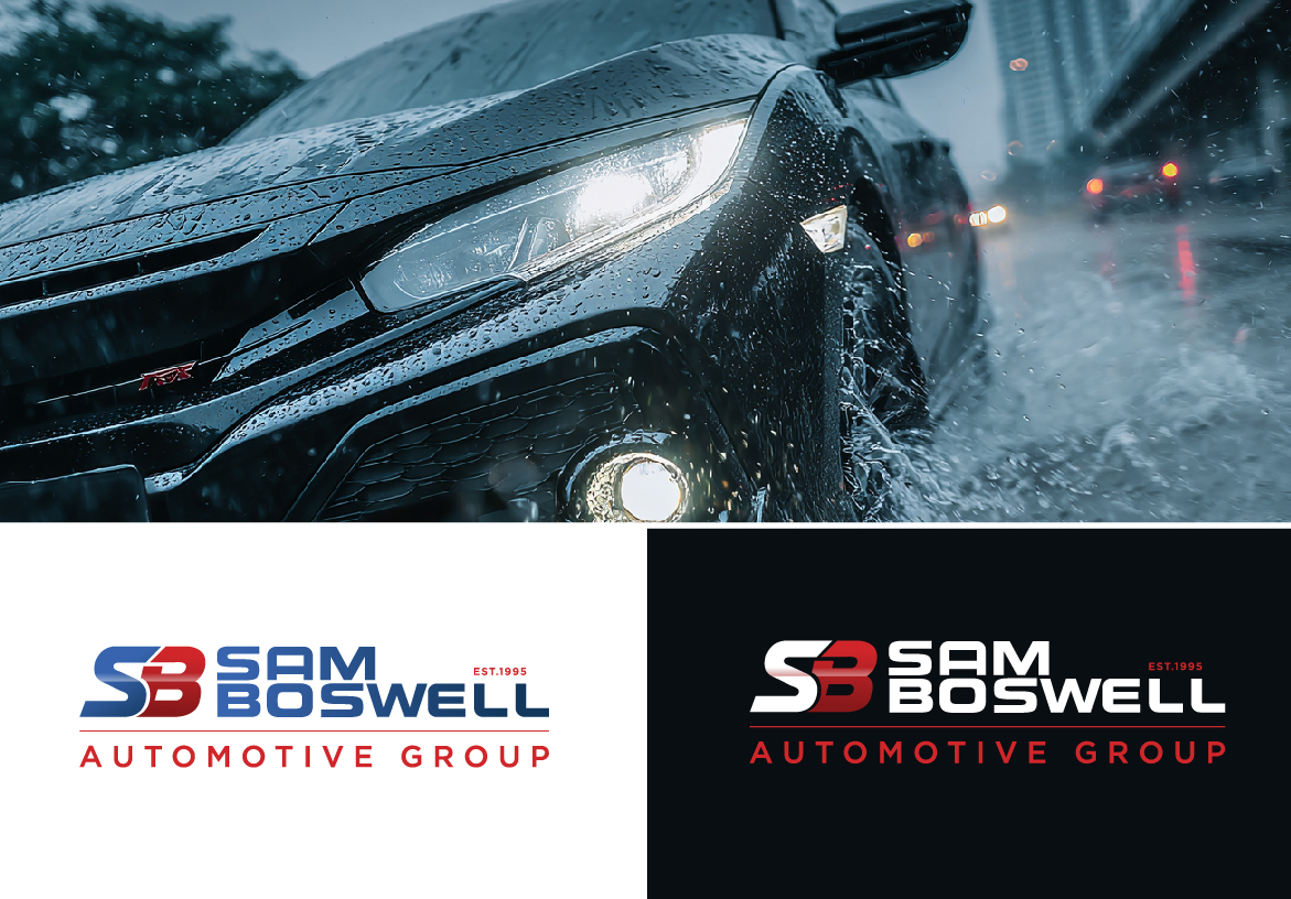 Sam Boswell Automotive Group horizontal logo variations on white and dark backgrounds with car headlight photography