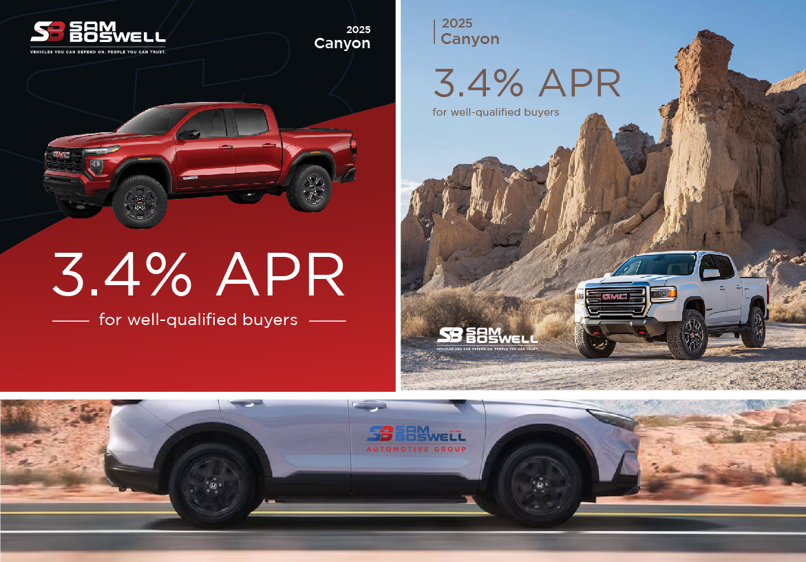 Sam Boswell GMC Canyon promotional ads and branded SUV vehicle wrap design with corporate identity