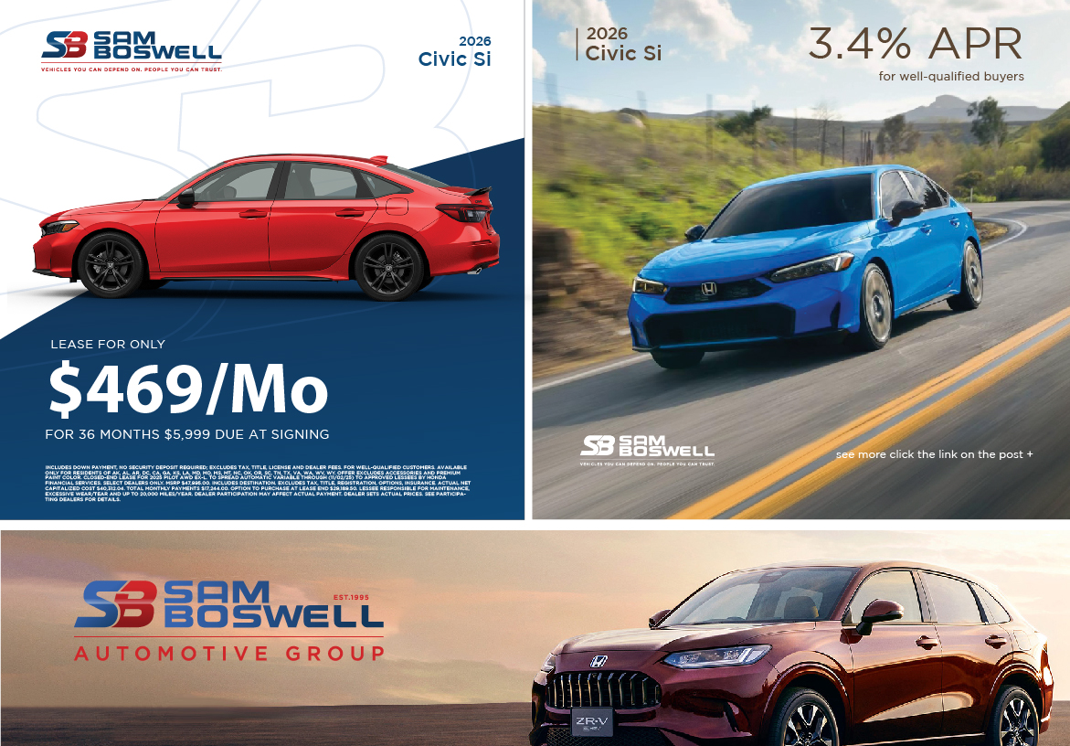 Sam Boswell Honda social media advertising designs for 2026 Civic Si lease and APR promotions with branded layouts