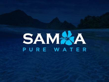 Samoa Pure Water logo featuring a blue hibiscus flower icon, overlaid on a moody, dark blue silhouette of a tropical Samoan island at twilight.