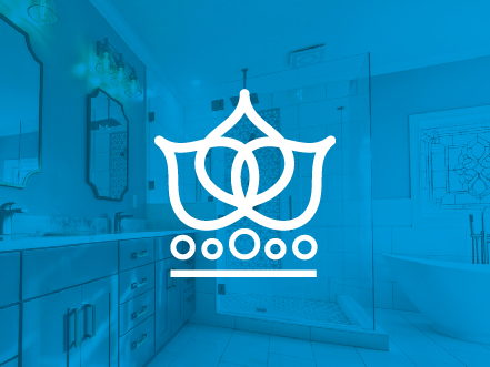 White crown-shaped water splash logo for Shower Doors of Charlotte, overlaid on a blue-tinted modern bathroom featuring a frameless glass shower enclosure.