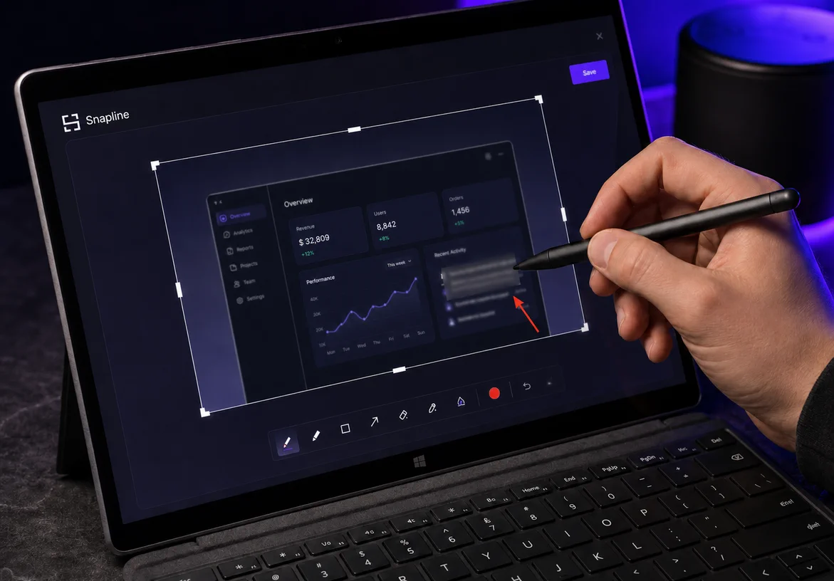 Snapline editor in use on a tablet with crop handles, redaction, and annotation tools