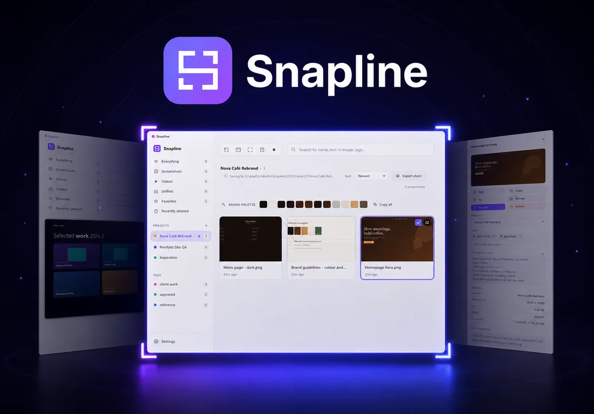 Snapline project library framed by luminous capture corners on a dark background