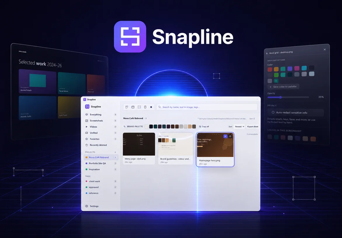 Snapline logo above the Windows app library with project views and editing controls