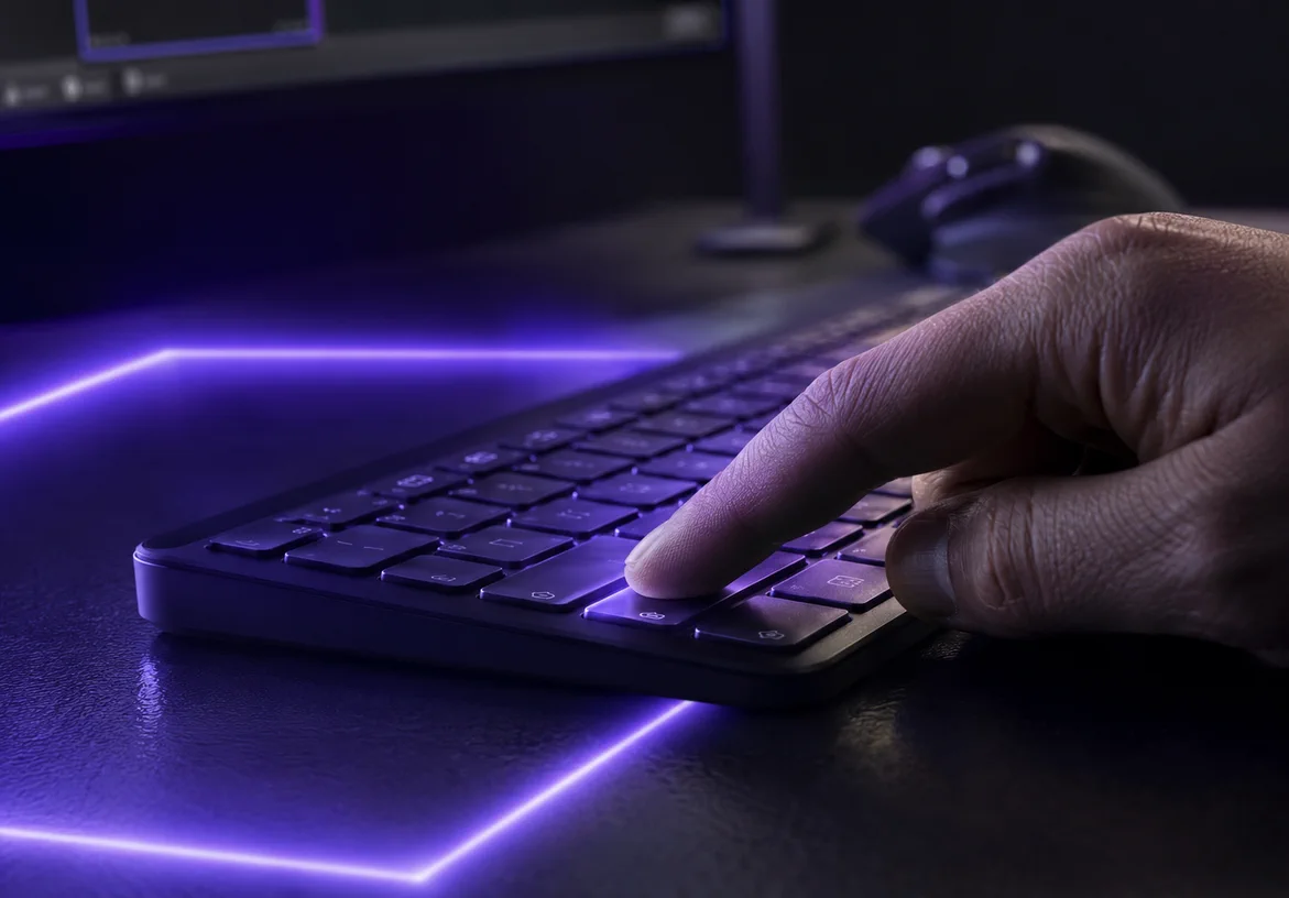 Hand pressing a Snapline keyboard shortcut inside a violet capture frame
