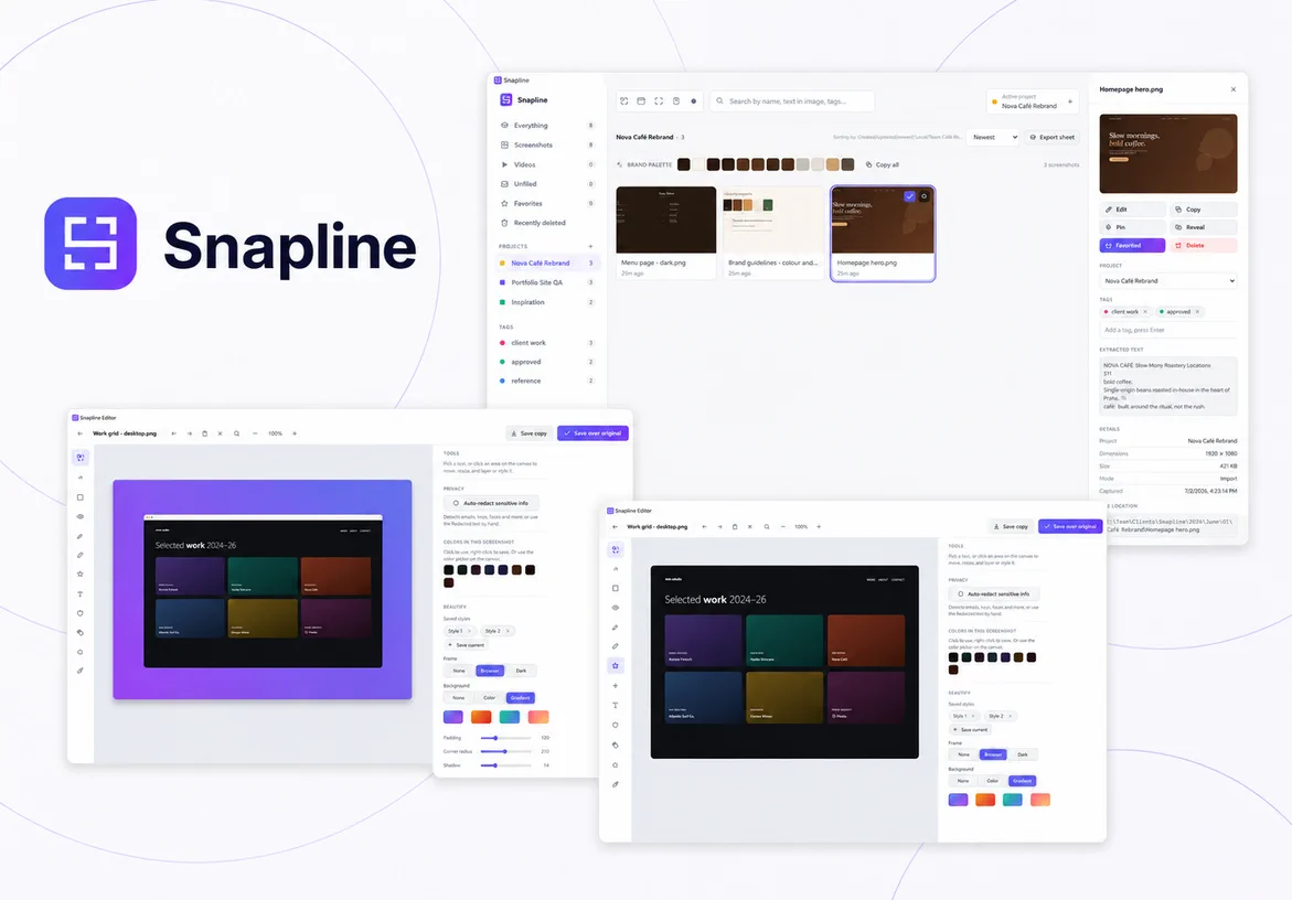 Snapline identity beside light-theme library and editor interface screens