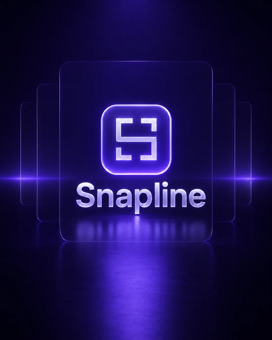 Vertical glass Snapline app icon and wordmark glowing inside layered capture frames