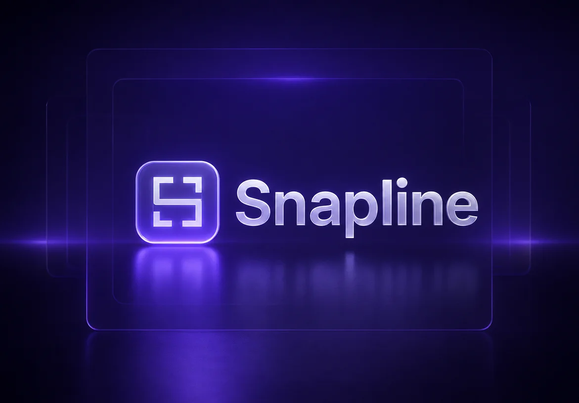 Snapline logo rendered as illuminated glass inside a dark violet interface frame