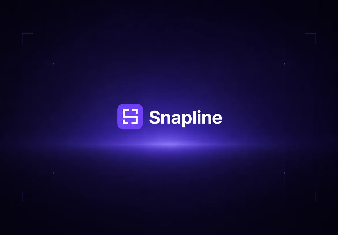 Snapline logo and wordmark floating above a restrained violet horizon