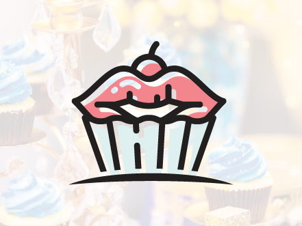 Creative logo icon for Speak Sweetly ATX featuring a cupcake design where the pink frosting forms a pair of lips, overlaid on a soft background of baked goods.