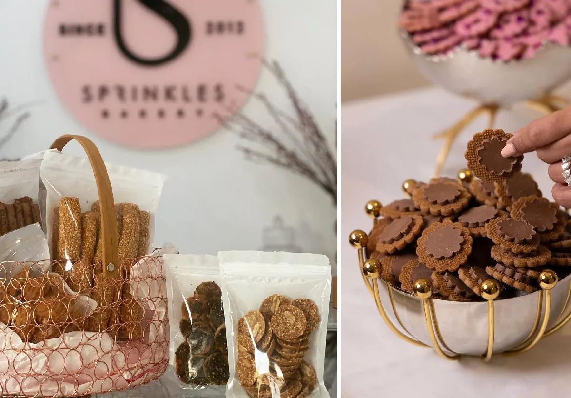 Branded packaging with clear bags of cookies and woven baskets highlighting product presentation