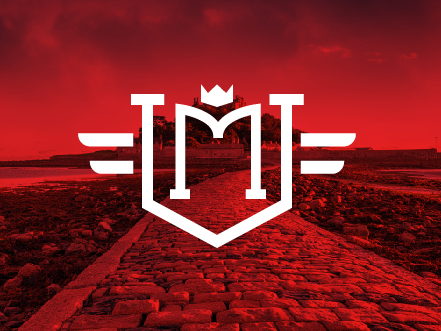 Bold red St. Michael's Ventures logo, featuring a shield with an 'MV' monogram and wings, set against a dramatic red-hued landscape with a stone path.