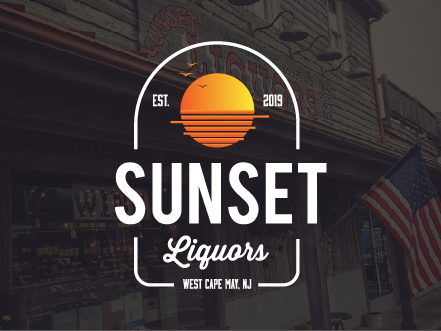Sunset Liquors logo featuring a stylized orange and yellow sunset over water, framed by an arch with vintage typography, set against a light background.
