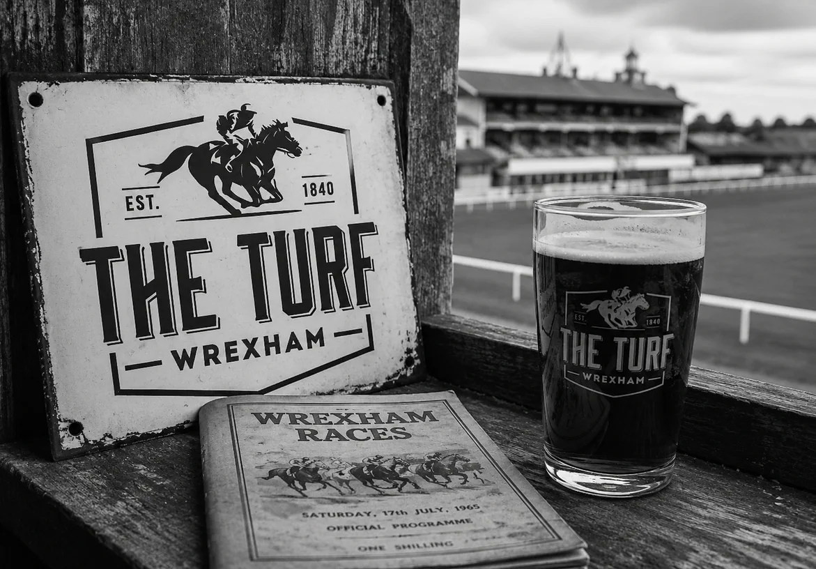 Black-and-white The Turf pint glass and Wrexham Races programme beside the branded pub sign
