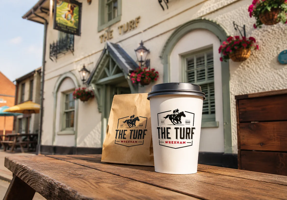 The Turf branded takeaway cups displayed outside the historic Wrexham pub