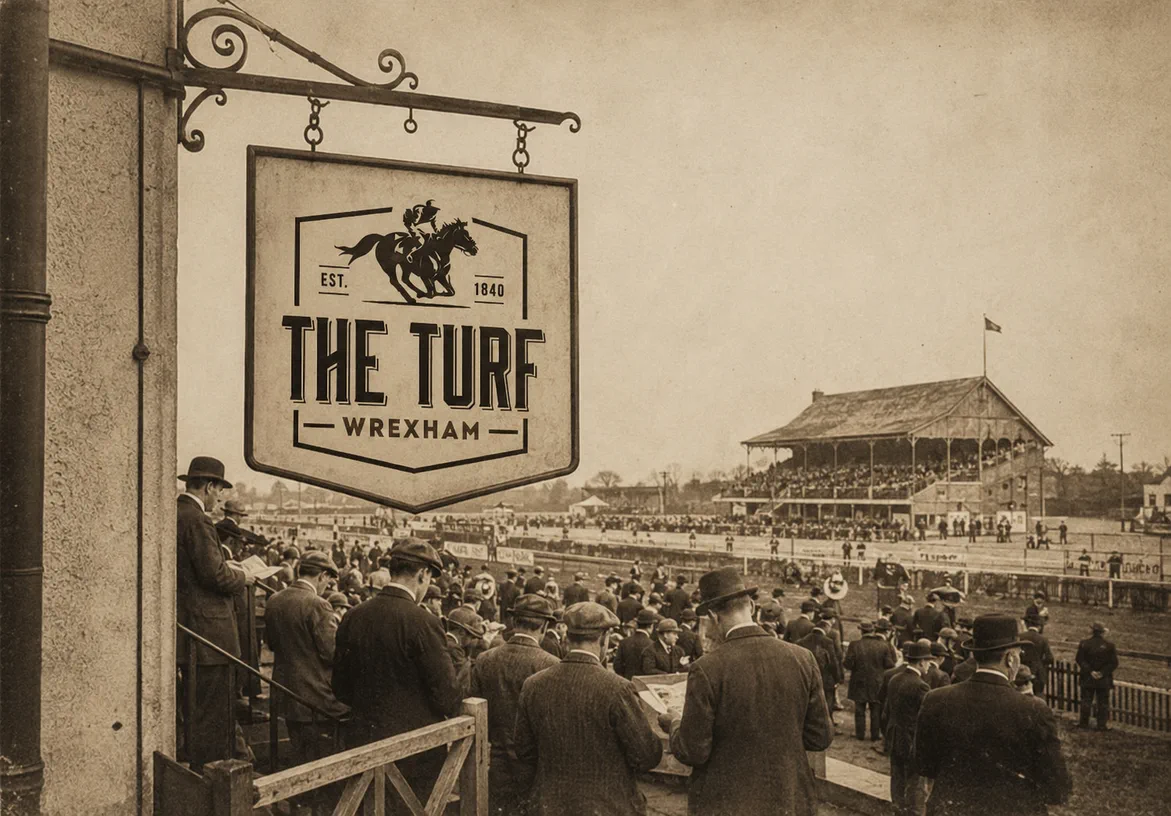 Vintage-style racecourse poster featuring The Turf Wrexham sign and heritage branding