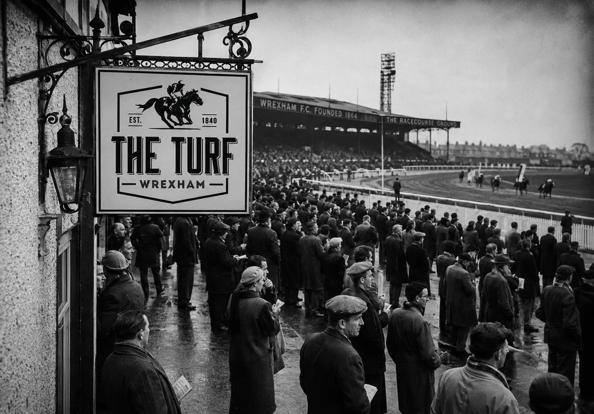Black-and-white racecourse crowd scene with The Turf Wrexham hanging sign