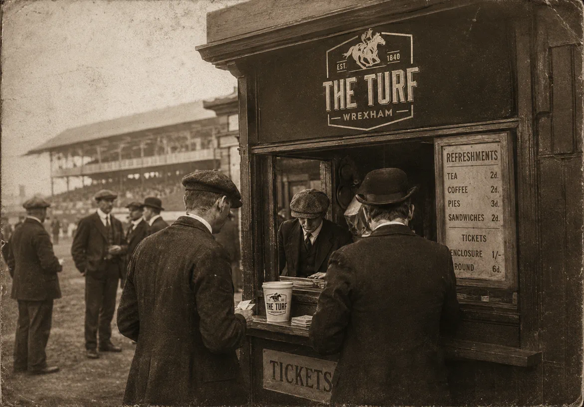 Vintage ticket office scene with The Turf Wrexham branding and racecourse signage