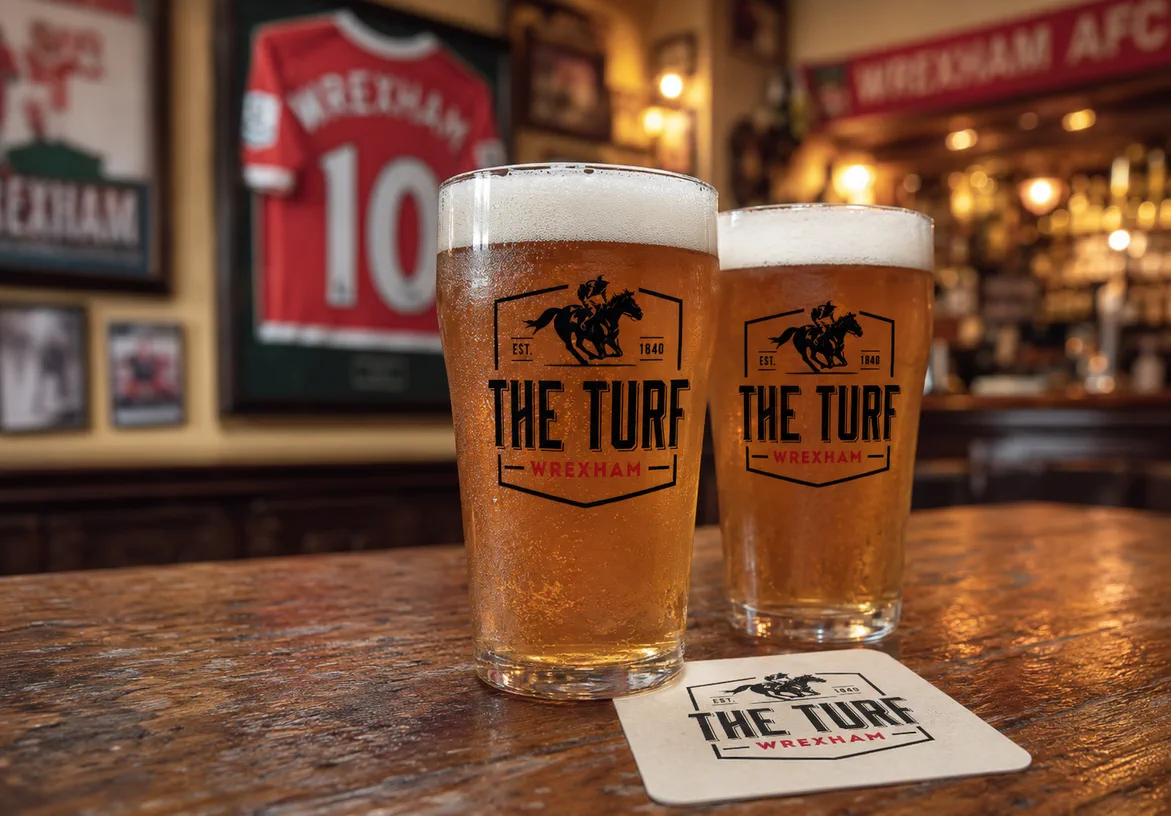 Branded The Turf pint glasses on the bar with the horse and jockey logo